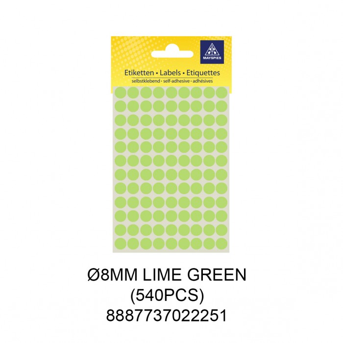 MAYSPIES MS008 COLOUR DOT LABEL / 5 SHEETS/PKT / 540PCS / ROUND 8MM LIME GREEN